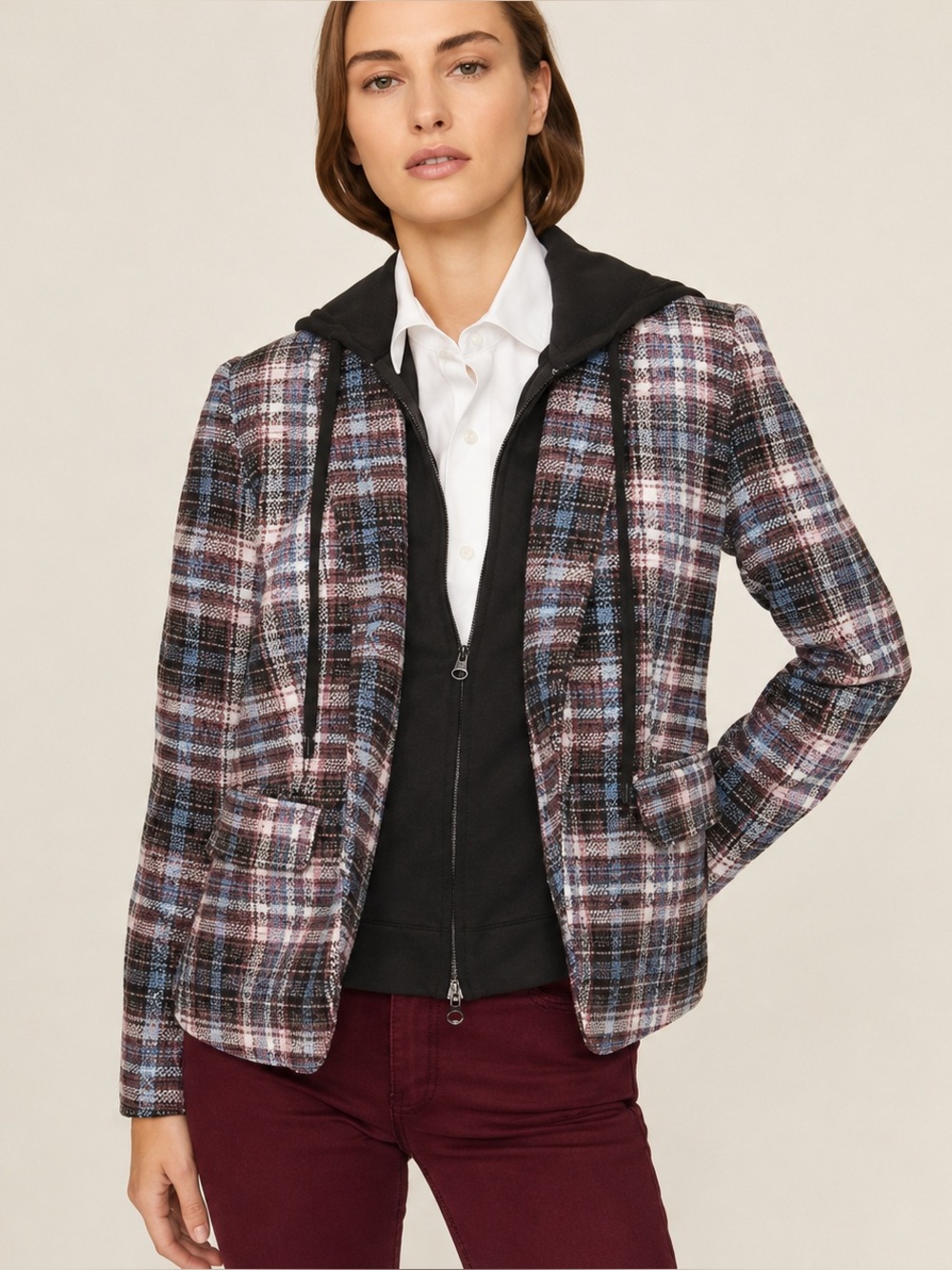 Central Park West Monte Plaid Dickie Hooded Blazer